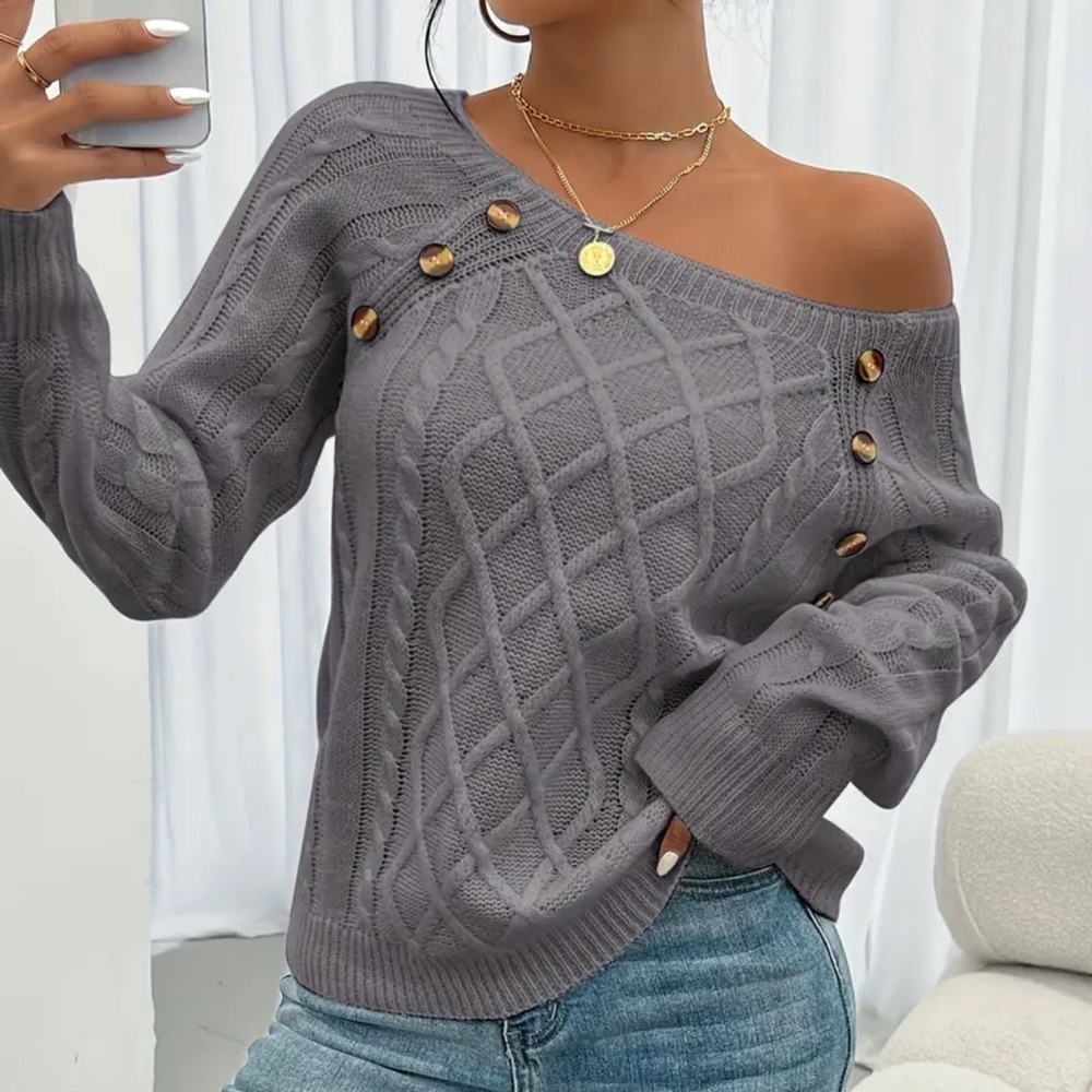 NWOT Timeless Gray Cable Knit Sweater with Button Accents, Size SM - Picture 3 of 4
